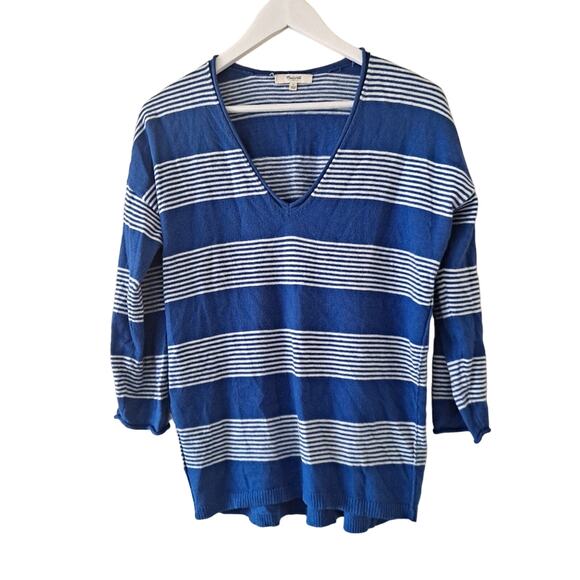 Madewell Blue & White V-neck L/S  Stripe Sweater - Picture 3 of 12